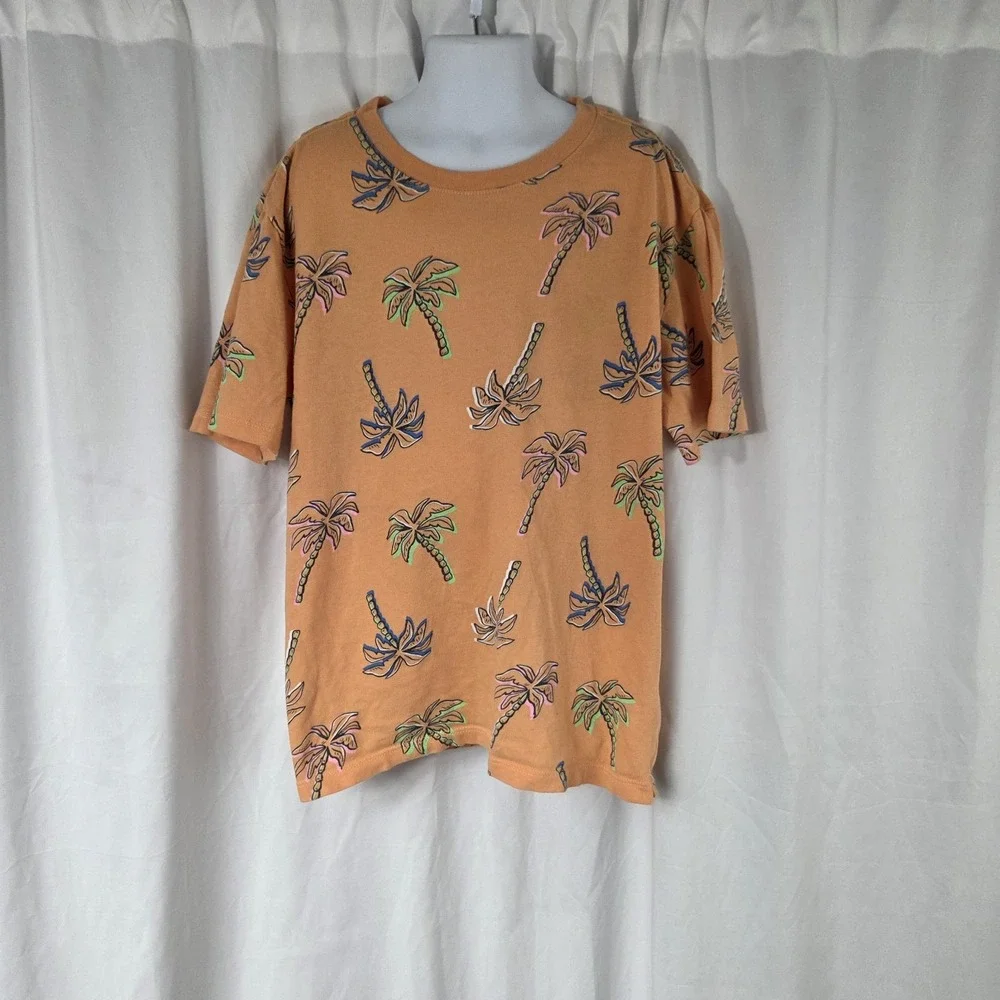 Old Navy Boys Size Large Short Sleeve Crew Neck T Shirt Orange Plam Tree Print